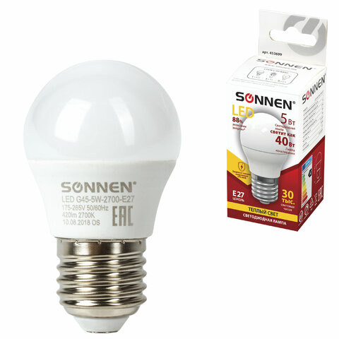 Лампа светодиодная SONNEN, 5 (40) Вт, цоколь E27, шар, теплый белый свет, 30000 ч, LED G45-5W-2700-E27, 453699 по низкой цене оптом 