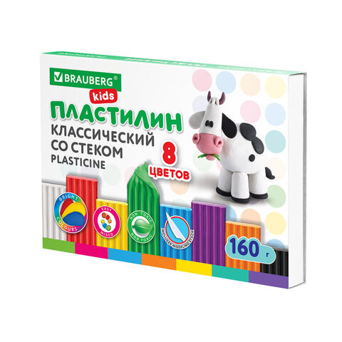 Пластилин классический BRAUBERG KIDS, 8 цветов, 160 г, со стеком, 106501 по низкой цене оптом 