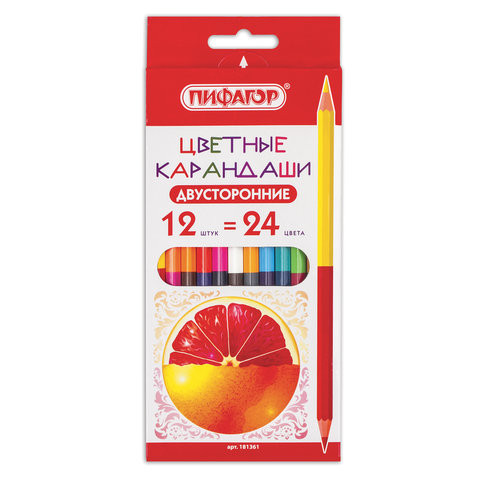 Карандаши двусторонние ПИФАГОР "СОЧНЫЕ ФРУКТЫ", 12 штук, 24 цвета, заточенные, европодвес, 181361 по низкой цене оптом 