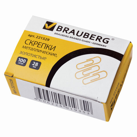 Скрепки BRAUBERG, 28 мм, золотистые, 100 шт., в картонной коробке, 221529 по низкой цене оптом Краснодар, Москва, Уфа, Казань, Барнаул, Владивосток, Хабаровск, Сахалин, Красноярск, Екатеренбург, 