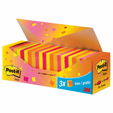 Блоки самоклеящиеся (стикер) POST-IT ORIGINAL "Неоновая радуга" 76х76 мм, КОМПЛЕКТ 24 шт. по 100 л., CP654-NP24 по низкой цене оптом 