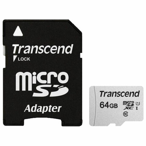 Карта памяти microSDXC 64 GB TRANSCEND UHS-I U1, 95 Мб/сек (class 10), адаптер, TS64GUSD300S-A по низкой цене оптом 
