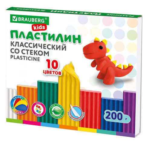 Пластилин классический BRAUBERG KIDS, 10 цветов, 200 г, со стеком, 106504 по низкой цене оптом 