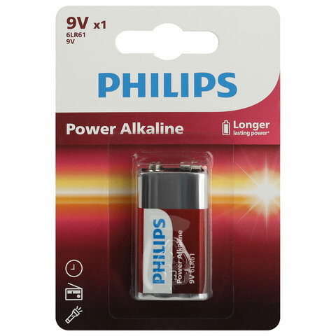 Батарейка алкалиновая 1 шт. PHILIPS Power Alkaline, Крона 9V (6LR61, 6LF22, 1604A), б, Б0062717 по низкой цене оптом 