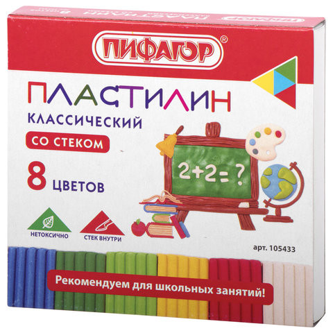 Пластилин классический ПИФАГОР ШКОЛЬНЫЙ, 8 цветов, 120 г, со стеком, 105433 по низкой цене оптом 