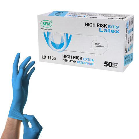 Перчатки латексные смотровые сверхпрочные SFM HIGH RISK LX 1160, 25 пар (50 шт.), размер S (малый) по низкой цене оптом 