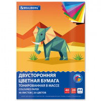 Цветная бумага А4 ТОНИРОВАННАЯ В МАССЕ, 40 листов 20 цветов, склейка, 80г/м2, BRAUBERG, 116339