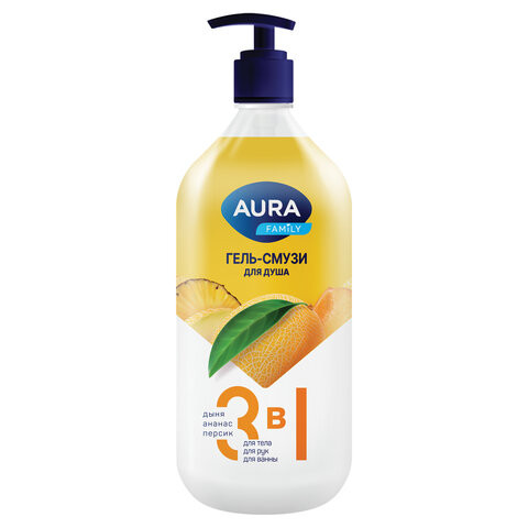 Гель-смузи для душа 3в1 для тела, рук и ванны 1л AURA FAMILY "Дыня, ананас, персик", дозатор, 14950 по низкой цене оптом Гель-смузи для душа 3в1 для тела, рук и ванны 1л AURA FAMILY "Дыня, ананас, персик", дозатор, 14950 по низкой цене оптом