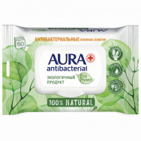 Салфетки влажные антибактериальные 60 шт., AURA Antibacterial "ECO Protect", клапан крышка, 10509