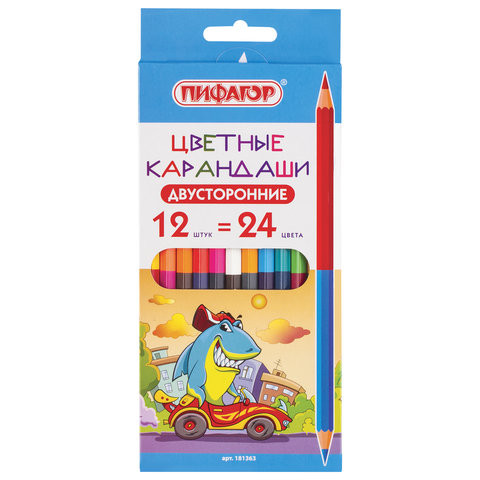 Карандаши двусторонние ПИФАГОР "ВЕСЕЛАЯ АКУЛА", 12 штук, 24 цвета, заточенные, европодвес, 181363 по низкой цене оптом 