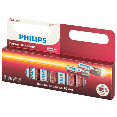 Батарейки алкалиновые "пальчиковые" КОМПЛЕКТ 12 шт PHILIPS Power Alkaline, АА (LR6,24, Б0064661 по низкой цене оптом 
