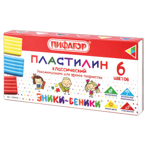 Пластилин классический ПИФАГОР "ЭНИКИ-БЕНИКИ", 6 цветов, 120 г, со стеком, картонная упаковка, 100970 по низкой цене оптом 