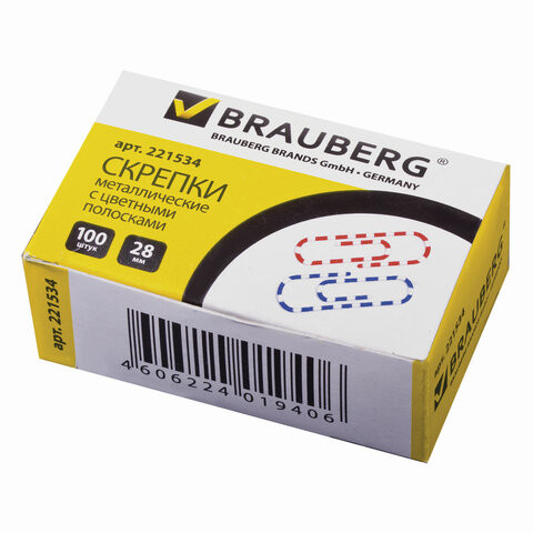 Скрепки BRAUBERG, 28 мм с цветными полосками, 100 шт., в картонной коробке, 221534 по низкой цене оптом Краснодар, Москва, Уфа, Казань, Барнаул, Владивосток, Хабаровск, Сахалин, Красноярск, Екатеренбург, 