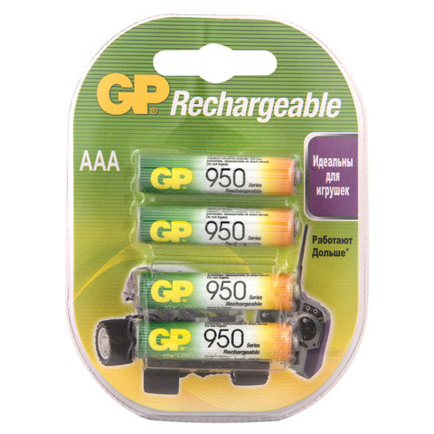 Батарейки аккумуляторные GP, AAA, Ni-Mh, 950 mAh, КОМПЛЕКТ 4 шт., блистер, 95AAAHC-2DECRC4 по низкой цене оптом 