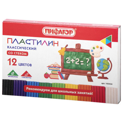 Пластилин классический ПИФАГОР ШКОЛЬНЫЙ, 12 цветов, 180 г, со стеком, 105434 по низкой цене оптом 