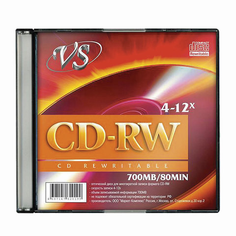 Диск CD-RW, VS, 700 Mb, 4-12 x Slim Case, 1 штука, VSCDRWSL01 по низкой цене оптом 