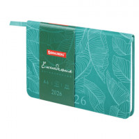 Еженедельник датированный 2026 МАЛЫЙ ФОРМАТ 95х155мм А6 BRAUBERG Foliage, под кожу, бирюза, 117197