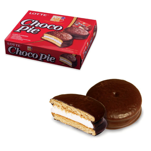 Печенье LOTTE "Choco Pie" ("Чоко Пай"), прослоенное, глазированное, в картонной упаковке, 336 г (12 штук х 28 г) по низкой цене оптом 