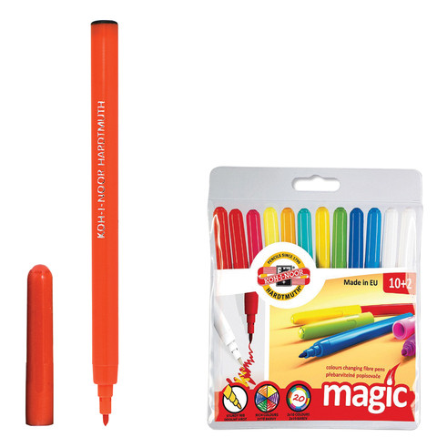 Фломастеры KOH-I-NOOR "Magic", 12 шт., 10 цветов + 2 перекрашивающих, смываемые, пластиковая упаковка, подвес, 771612AB01TE по низкой цене оптом 