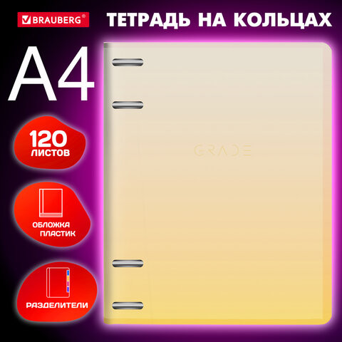 Тетрадь на кольцах БОЛЬШАЯ 305х230мм А4, 120л, пластик, с разделителями, BRAUBERG, Желтый, 404624 по низкой цене оптом 