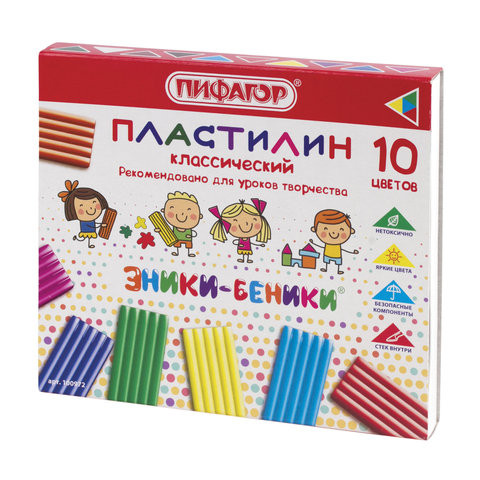 Пластилин классический ПИФАГОР "ЭНИКИ-БЕНИКИ", 10 цветов, 200 г, со стеком, картонная упаковка, 100972 по низкой цене оптом 