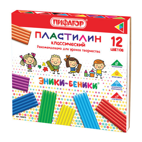 Пластилин классический ПИФАГОР "ЭНИКИ-БЕНИКИ", 12 цветов, 240 г, со стеком, картонная упаковка, 100973 по низкой цене оптом 