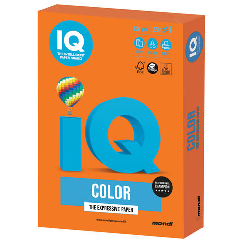 Бумага цветная IQ color, А4, 120 г/м2, 250 л., интенсив, оранжевая, OR43 по низкой цене оптом 
