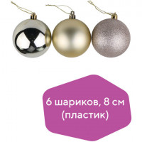Шары елочные ЗОЛОТАЯ СКАЗКА, НАБОР 6 штук, пластик, 8 см, СВЕТЛОЕ ЗОЛОТО (глянец, матовый, глиттер), 590874