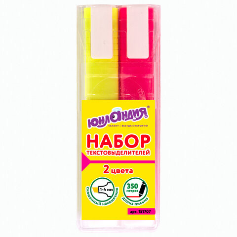 Набор текстовыделителей ЮНЛАНДИЯ 2 шт., ЖЕЛТЫЙ/РОЗОВЫЙ, "COLORSTAR", линия 1-4 мм, 151707 по низкой цене оптом 