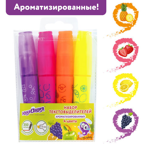 Набор текстовыделителей ЮНЛАНДИЯ 4 шт., АССОРТИ, "ФРУКТЫ", АРОМАТИЗИРОВАННЫЕ, линия 1-5 мм, 151908 по низкой цене оптом Краснодар, Москва, Уфа, Казань, Барнаул, Владивосток, Хабаровск, Сахалин, Красноярск, Екатеренбург, 