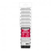 Нитки швейные 45ЛЛ 200 м, полиэстер, НАБОР 12 штук, 6 белых/6 черных, DEVELIA (Девелиа), 609620