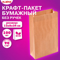 Крафт-пакет бумажный 12х8х24см, КОМПЛЕКТ 100 шт, плотность 90г/м2, LAIMA ECO CRAFT, 609682