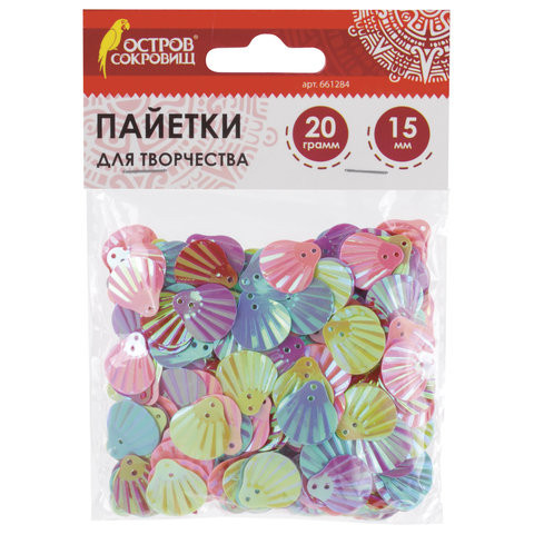 Пайетки для творчества "Ракушки", яркие, цвет ассорти, 5 цветов, 15 мм, 20 грамм, ОСТРОВ СОКРОВИЩ, 661284 по низкой цене оптом 