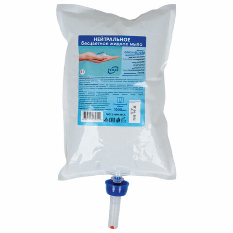 Картридж с жидким мылом одноразовый (Система S1) "Нейтральное", бесцветное, 1 л, KEMAN, 100024-БЦ1000 по низкой цене оптом  Картридж с жидким мылом одноразовый (Система S1) "Нейтральное", бесцветное, 1 л, KEMAN, 100024-БЦ1000 по низкой цене оптом