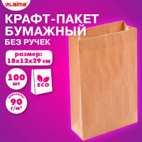 Крафт-пакет бумажный 18х12х29см КОМПЛЕКТ 100 шт. плотность 90г/м2, LAIMA ECO CRAFT, 609683