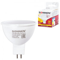 Лампа светодиодная SONNEN, 5 (40) Вт, цоколь GU5.3, теплый белый свет, 30000 ч, LED MR16-5W-2700-GU5.3, 453713