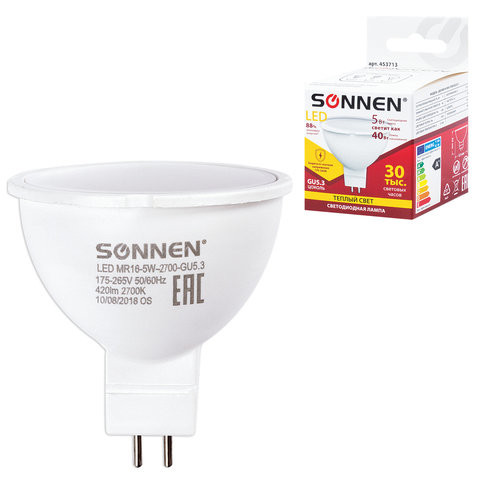 Лампа светодиодная SONNEN, 5 (40) Вт, цоколь GU5.3, теплый белый свет, 30000 ч, LED MR16-5W-2700-GU5.3, 453713 по низкой цене оптом 
