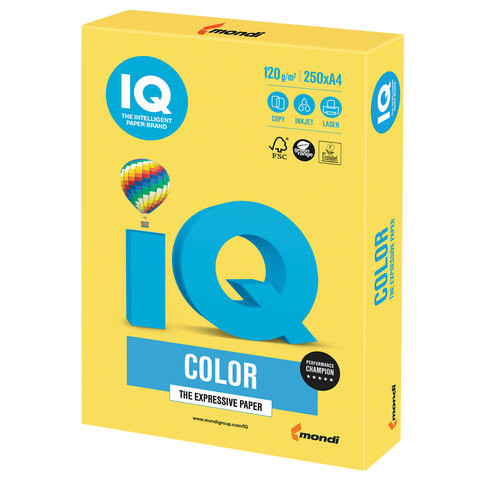 Бумага цветная IQ color, А4, 120 г/м2, 250 л., интенсив, канареечно-желтая, CY39 по низкой цене оптом 