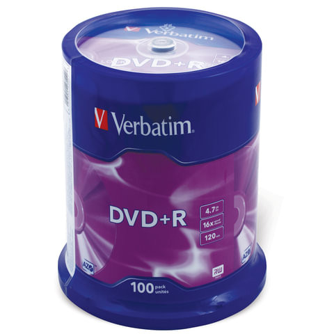 Диски DVD+R (плюс) VERBATIM 4,7 Gb 16x, КОМПЛЕКТ 100 шт., Cake Box, 43551 по низкой цене оптом 