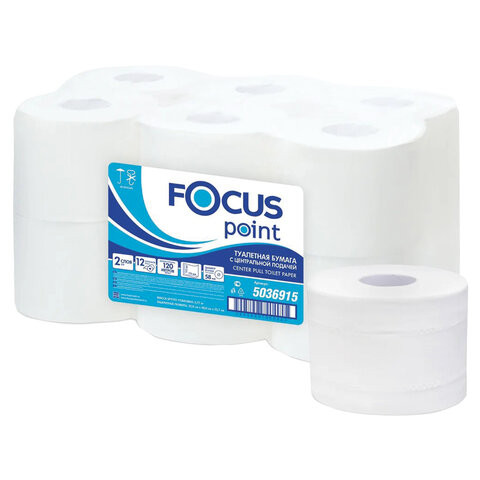Бумага туалетная с центральной вытяжкой 120 м, FOCUS Point, 2-слойная, белый, КОМПЛЕКТ 12 рулонов, 5036915 по низкой цене оптом Краснодар, Москва, Уфа, Казань, Барнаул, Владивосток, Хабаровск, Сахалин, Красноярск, Екатеренбург, 