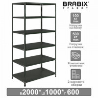 Стеллаж металлический BRABIX "ГРАФИТ MS KD-195/60-6", лофт, 1950х1000х600 мм, 6 полок, 291274, S240BR246693