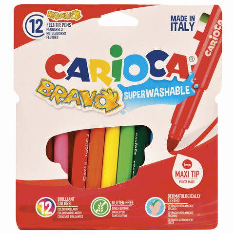 Фломастеры утолщенные CARIOCA (Италия) "Bravo", 12 цветов, суперсмываемые, 42755 по низкой цене оптом 