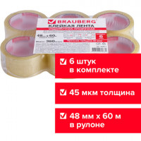 Клейкие ленты упаковочные, 48 мм х 60 м, КОМПЛЕКТ 6 шт., прозрачные, толщина 45 микрон, BRAUBERG, 440071