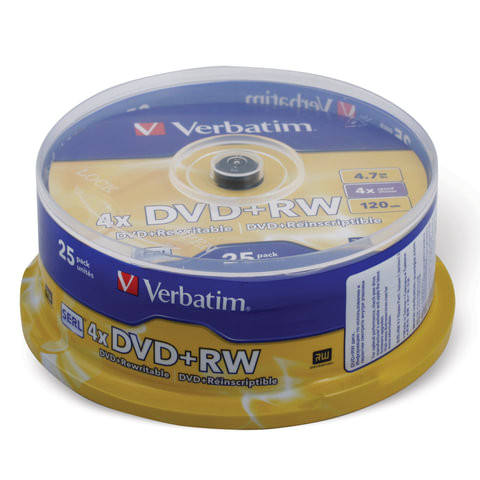 Диски DVD+RW (плюс) VERBATIM 4,7 Gb 4x, КОМПЛЕКТ 25 шт., Cake Box, 43489 по низкой цене оптом Краснодар, Москва, Уфа, Казань, Барнаул, Владивосток, Хабаровск, Сахалин, Красноярск, Екатеренбург, 