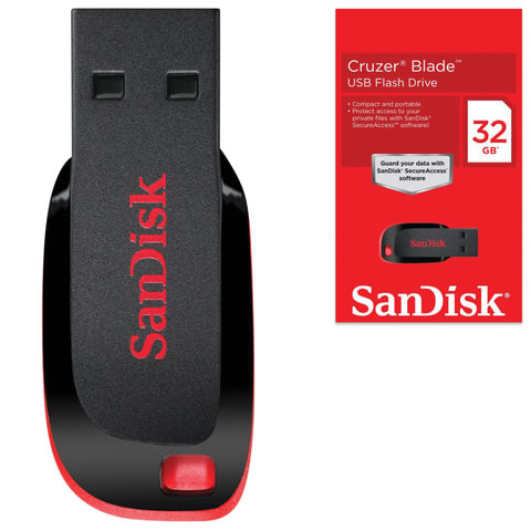 Флеш-диск 32 GB, SANDISK Cruzer Blade, USB 2.0, черный/красный, SDCZ50-032G-B35 по низкой цене оптом 