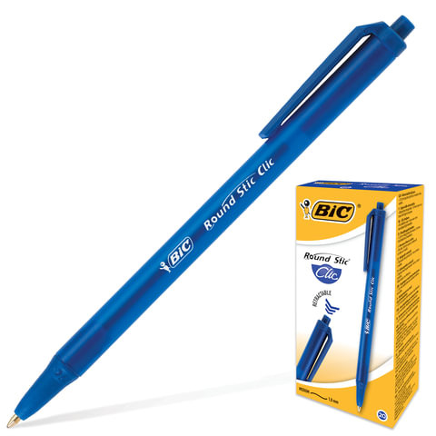 Ручка шариковая автоматическая BIC "Round Stic Clic", СИНЯЯ, корпус тонированный синий, узел 1 мм, линия письма 0,32 мм, 926376 по низкой цене оптом Краснодар, Москва, Уфа, Казань, Барнаул, Владивосток, Хабаровск, Сахалин, Красноярск, Екатеренбург, 
