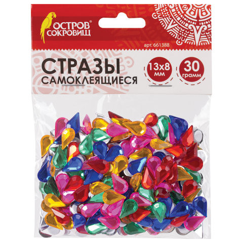 Стразы самоклеящиеся "Капля", 13х8 мм, 30 г, 5 цветов, ОСТРОВ СОКРОВИЩ, 661388 по низкой цене оптом 