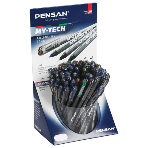 Ручка шариковая масляная PENSAN "My-Tech Colored", палитра классических цветов АССОРТИ, игольчатый узел 0,7 мм, линия 0,35 мм, дисплей, 2240, 2240/S60-4 по низкой цене оптом Краснодар, Москва, Уфа, Казань, Барнаул, Владивосток, Хабаровск, Сахалин, Красноярск, Екатеренбург, 