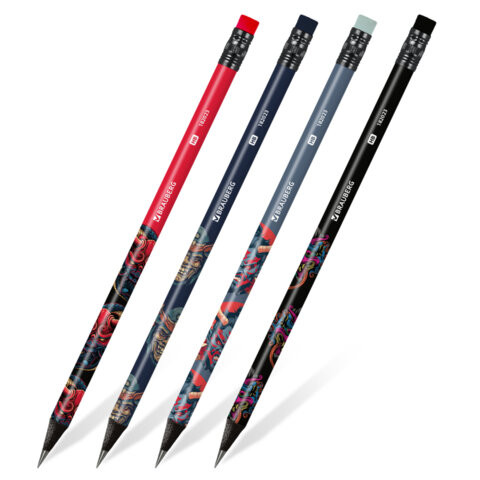 Карандаш чернографитный BRAUBERG "ONI", 1 шт, HB, с ластиком, корпус ассорти, 182023 по низкой цене оптом 