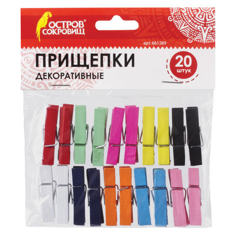 Прищепки декоративные "Классика", 20 штук, 3,5 см, 10 цветов, ОСТРОВ СОКРОВИЩ, 661289 по низкой цене оптом 